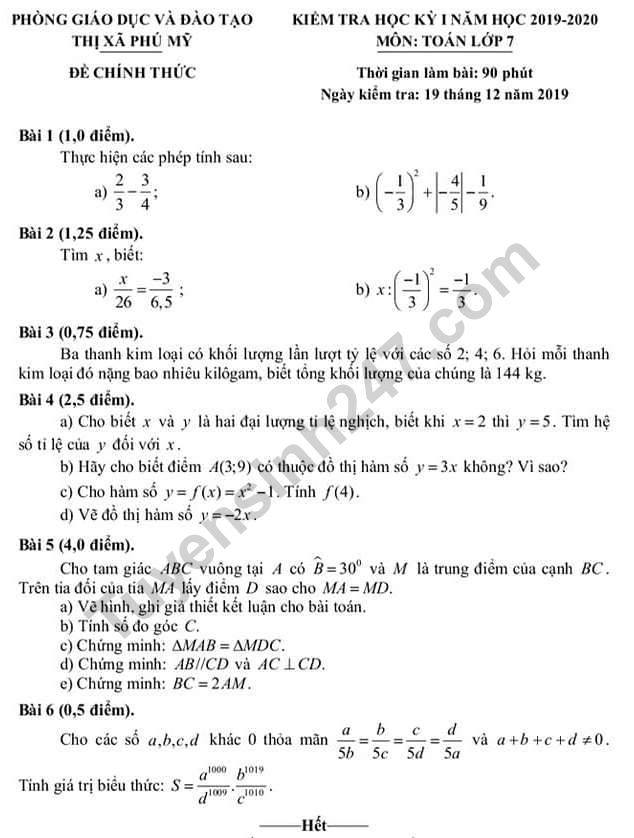 Đề thi học kì 1 môn Toán  lớp 7 Phòng GD&ĐT Phú Mỹ năm 2019