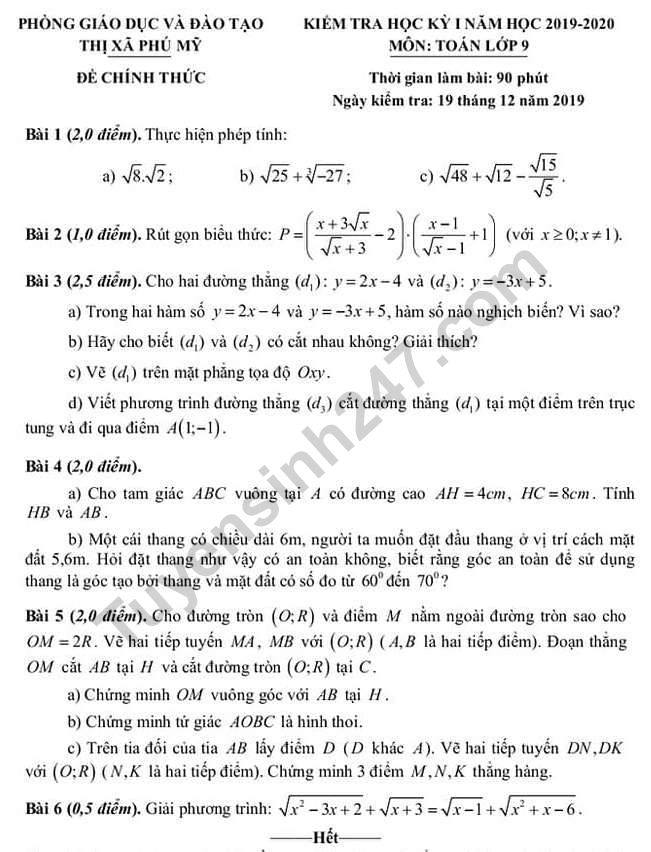 Đề thi học kì 1 lớp 9 môn Toán Phòng GD&ĐT Phú Mỹ năm 2019
