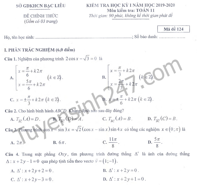 Đề thi kì 1 môn Toán lớp 11 Sở GDKHCN Bạc Liêu năm 2019