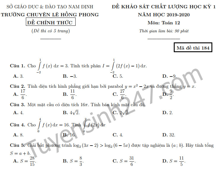 Đề thi kì 1 môn Toán lớp 12 THPT Chuyên Lê Hồng Phong năm 2019