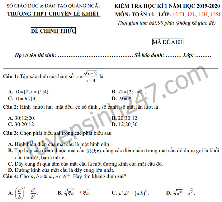 Đề thi kì 1 môn Toán 12 THPT Chuyên Lê Khiết năm 2019