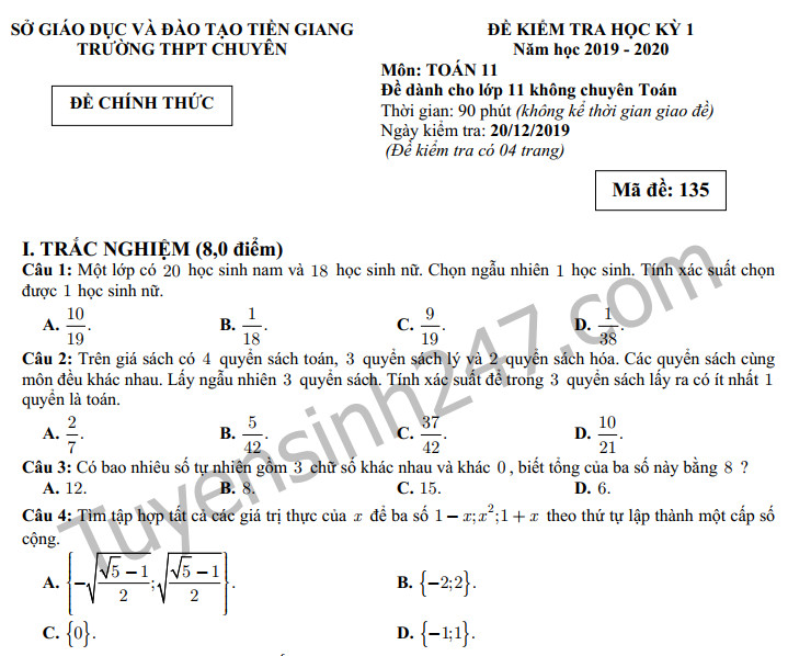 Đề thi môn Toán kì 1 lớp 11 THPT Chuyên Tiền Giang năm 2019