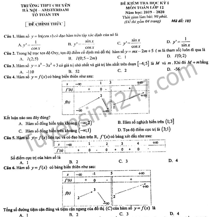 Đề thi lớp 12 kì 1 Toán THPT Chuyên Hà Nội – Amsterdam 2019