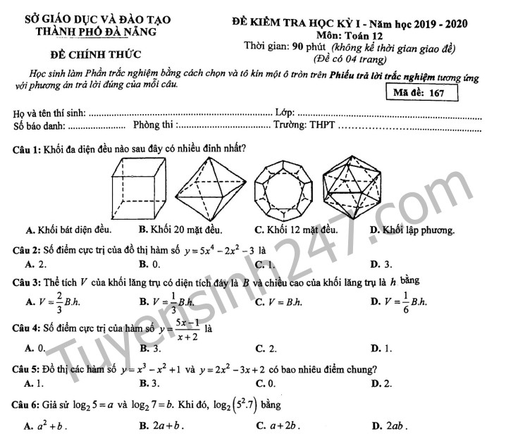 Đề thi môn Toán học kỳ 1 lớp 12 năm 2019 Sở GD&ĐT Đà Nẵng