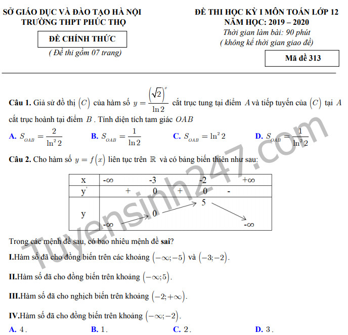 Đề thi môn Toán học kỳ 1 lớp 12 trường THPT Phúc Thọ năm 2019