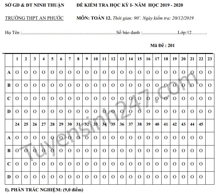 Đề thi học kỳ 1 lớp 12 môn Toán - THPT An Phước năm 2019