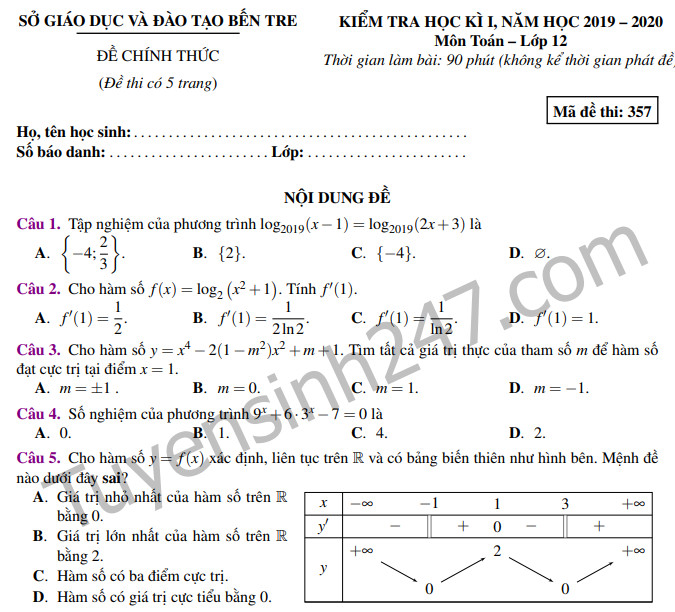 Đề kiểm tra lớp 12 học kì 1 môn Toán Sở GD&ĐT Bến Tre năm 2019