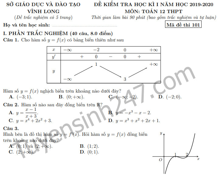 Đề thi kì 1 môn Toán lớp 12 năm 2019 Sở GD&ĐT Vĩnh Long