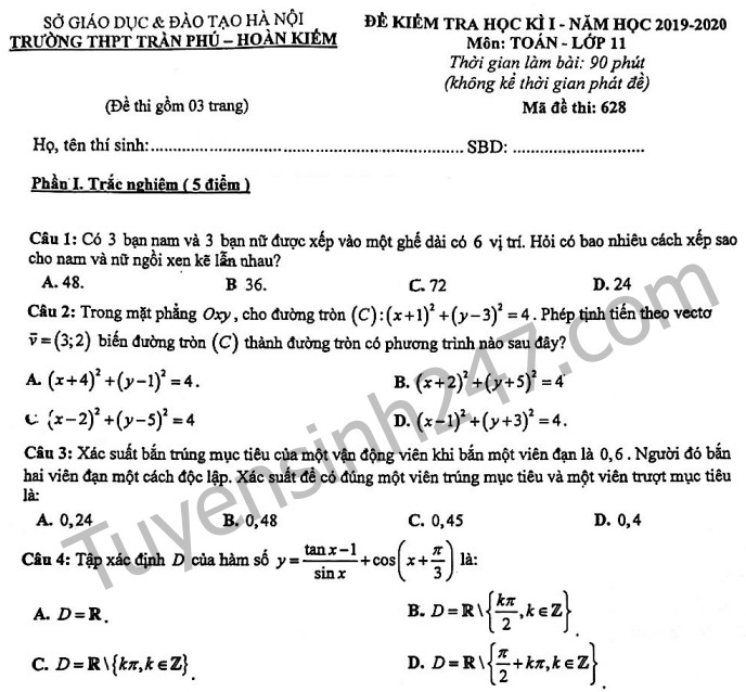 Đề thi kì 1 môn Toán lớp 11 THPT Trần Phú - Hà Nội năm 2019 