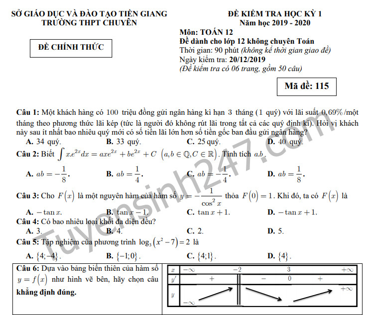 Đề thi môn Toán học kì 1 lớp 12 THPT chuyên Tiền Giang năm 2019