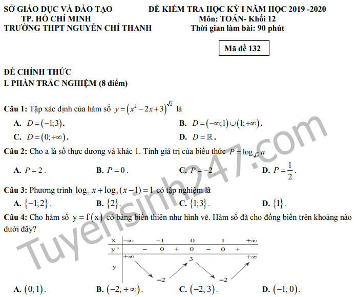 Đề thi lớp 12 kì 1 môn Toán THPT Nguyễn Chí Thanh - TP HCM 2019