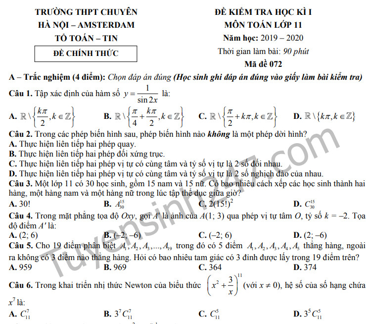 Đề thi lớp 11 kì 1 môn Toán THPT Chuyên Amsterdam  năm 2019