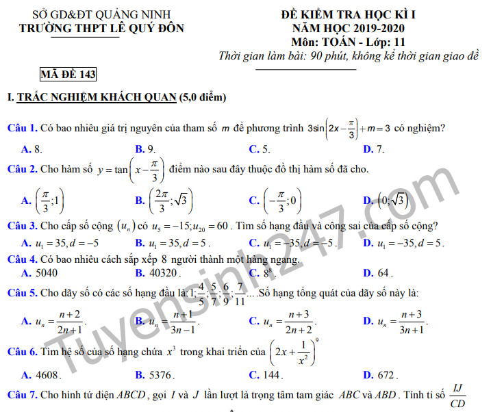 Đề thi HK1 môn Toán lớp 11 THPT Lê Quý Đôn năm 2019