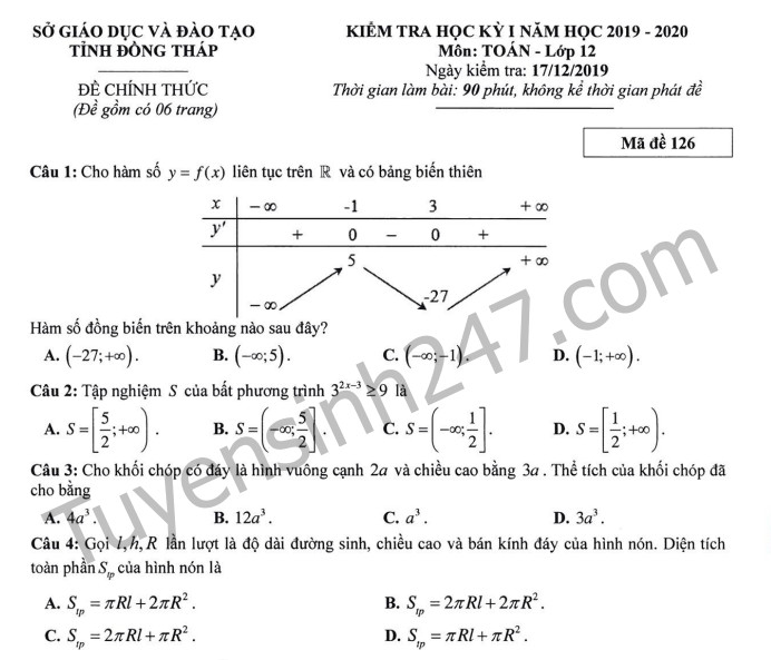 Đề thi lớp 12 môn Toán kì 1 Sở GD và ĐT Đồng Tháp năm 2019