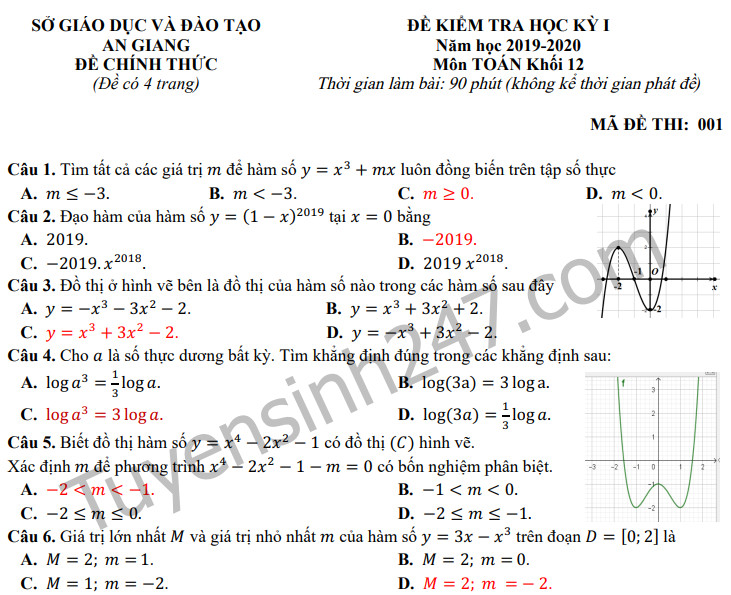 Đề thi môn Toán HK1 lớp 12 năm 2019 Sở GD&ĐT An Giang