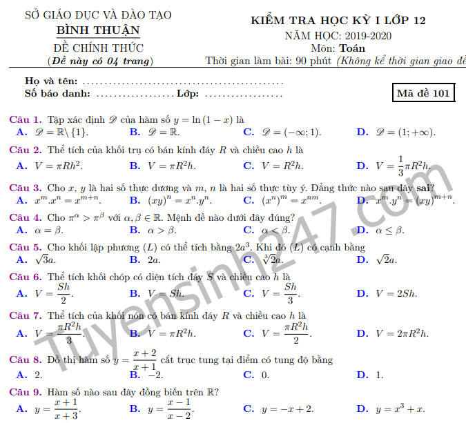 Đề thi học kì 1 môn Toán lớp 12 năm 2019 Sở GD&ĐT Bình Thuận