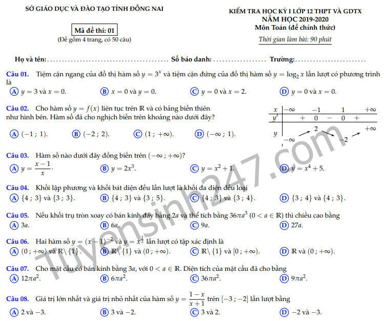 Đề thi học kì 1 môn Toán 12 Sở GD&ĐT Đồng Nai năm 2019