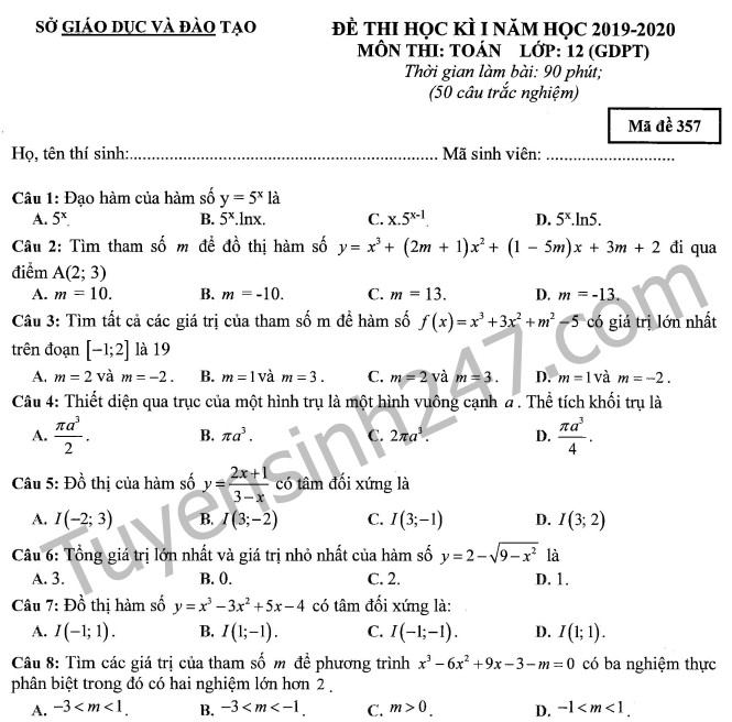 Đề thi học kì 1 lớp 12 môn Toán Sở GD&ĐT Bình Dương năm 2019 