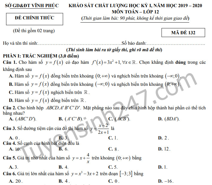 Đề thi lớp 12 học kỳ 1 môn Toán Sở GD&ĐT Vĩnh Phúc năm 2019