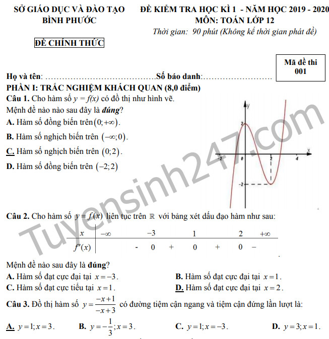 Đề thi lớp 12 kì 1 môn Toán Sở GD&ĐT Bình Phước năm 2019