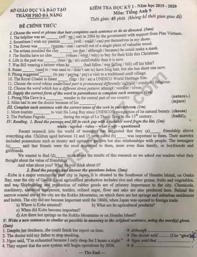 Đề thi môn Anh kì 1 lớp 9 năm 2019 Sở GD&ĐT TP. Đà Nẵng 
