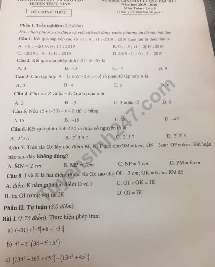 Đề thi kì 1 môn Toán lớp 6 Phòng GD Trực Ninh 2019 - 2020 