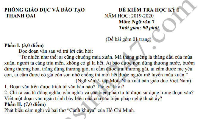 Đề thi kì 1 lớp 7 môn Văn phòng GD Thanh Oai 2019 - 2020