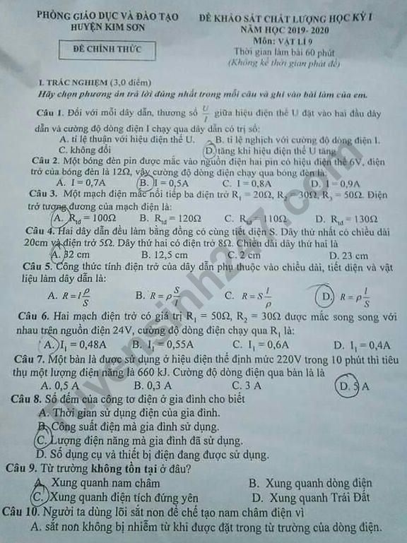 Đề thi học kì 1 môn Lý lớp 9 Phòng GD&ĐT Kim Sơn năm 2019