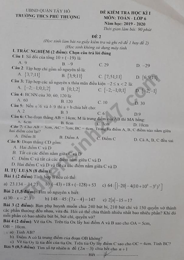 Đề thi môn Toán học kì 1 lớp 6 - THCS Phú Thượng năm 2019