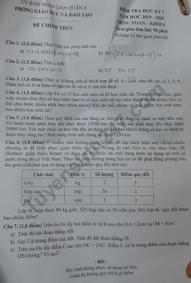 Đề thi học kì 1 môn Toán lớp 6 năm 2019 Phòng GD&ĐT Quận 3