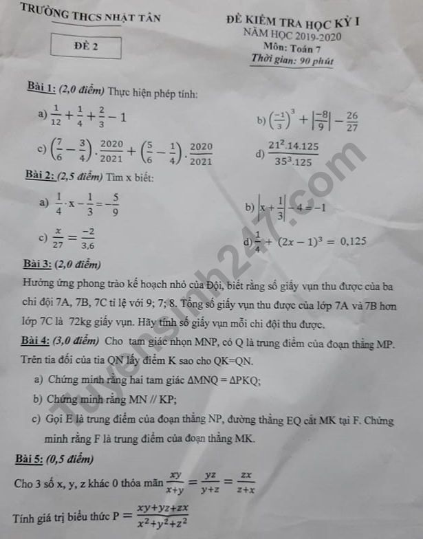 Đề thi lớp 7 môn Toán học kì 1 - THCS Nhật Tân năm 2019