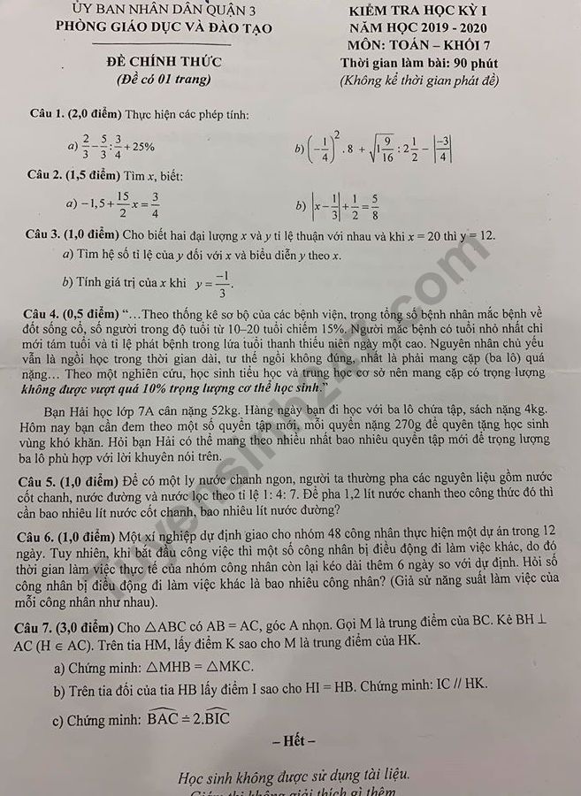 Đề thi kì 1 Toán lớp 7 năm 2019 Phòng GD&ĐT Quận 3 