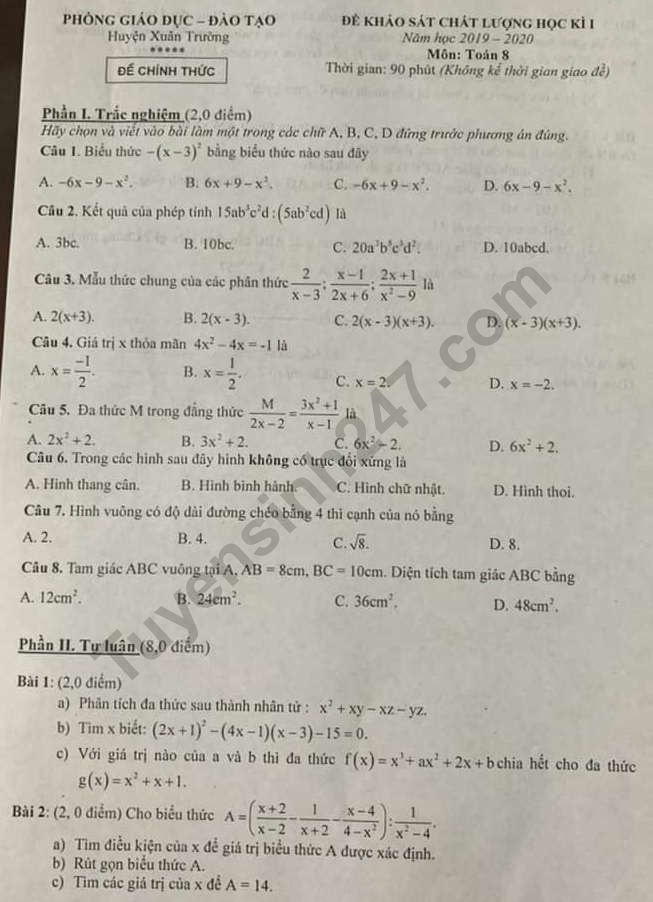 Đề thi môn Toán lớp 9 kì 1 Phòng GD&ĐT Xuân Trường năm 2019