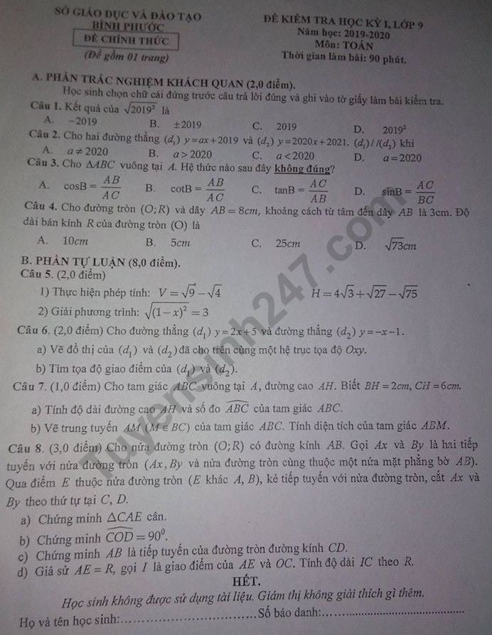 Đề thi kì 1 môn Toán lớp 9 Sở GD&ĐT Bình Phước năm 2019