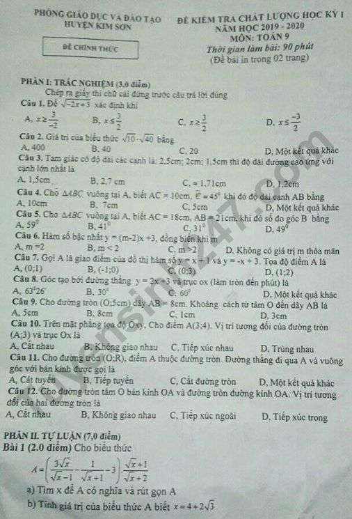 Đề thi lớp 9 kì 1 môn Toán Phòng GD&ĐT Kim Sơn năm 2019