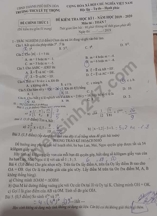 Đề thi kì 1 môn Toán lớp 7 năm 2019 THCS Lý Tự Trọng 