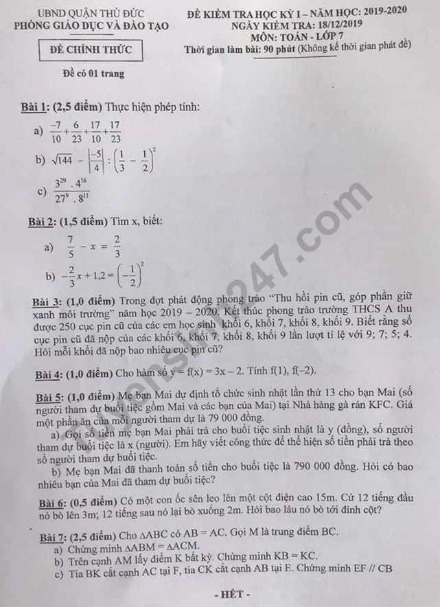 Đề thi kì 1 lớp 7 môn Toán 2019 - 2020 Quận Thủ Đức