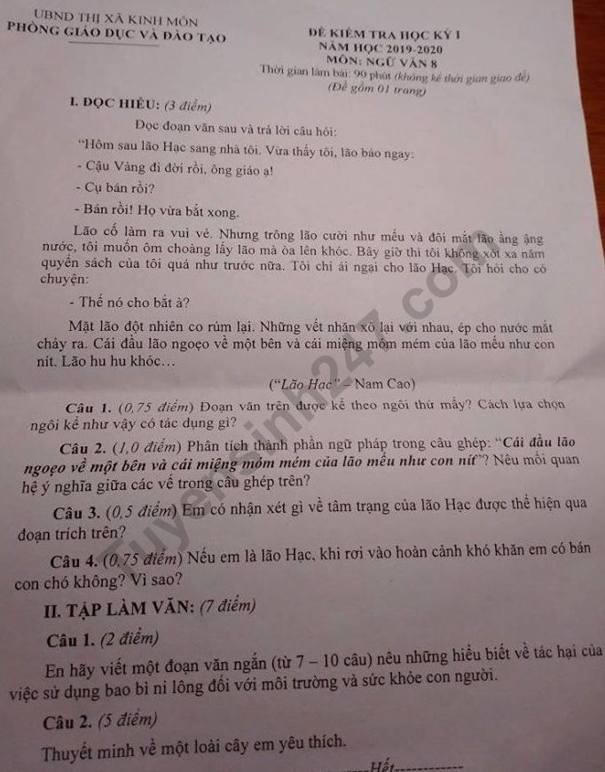 Đề thi kì 1 môn Văn lớp 8 Phòng GD Kinh Môn 2019 - 2020