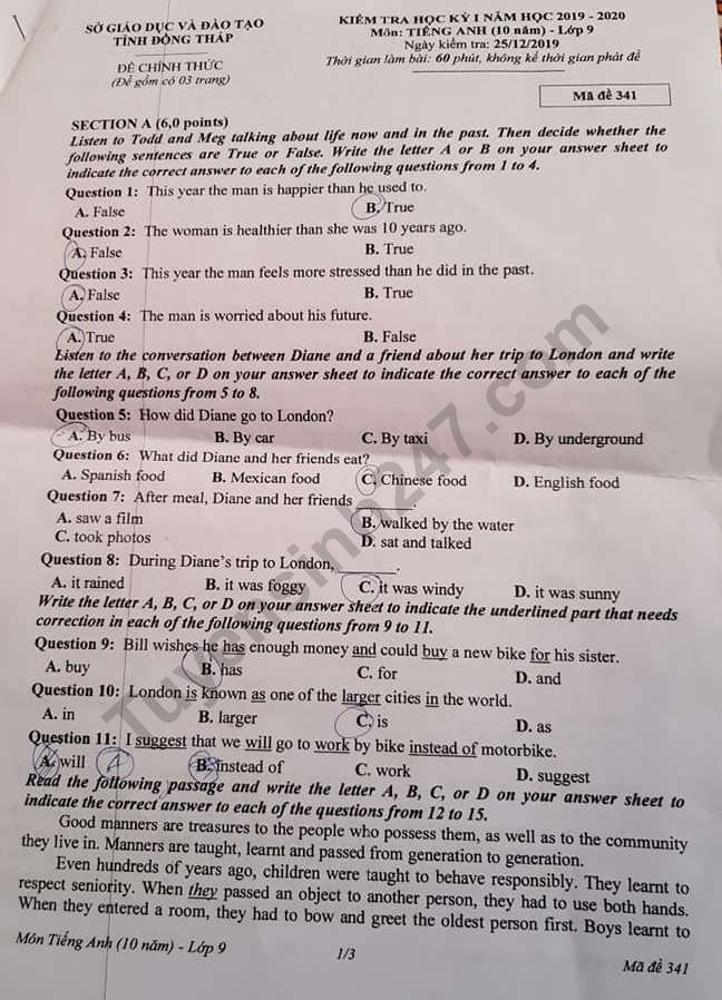 Đề thi kì 1 môn Anh lớp 9 năm 2019 tỉnh Đồng Tháp