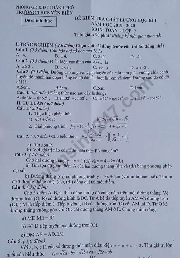 Đề thi kì 1 lớp 9 môn Toán 2019 - 2020 THCS Yên Biên