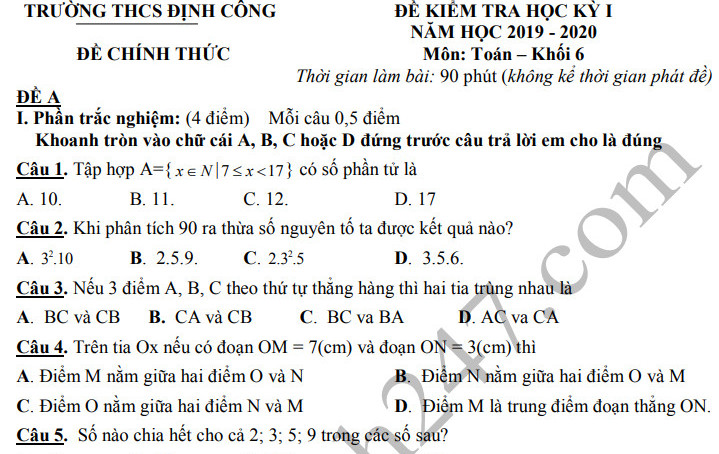 Đề thi kì 1 môn Toán lớp 6 THCS Định Công 2019 - 2020