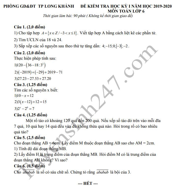 Đề thi kì 1 lớp 6 môn Toán - Phòng GD Long Khánh 2019