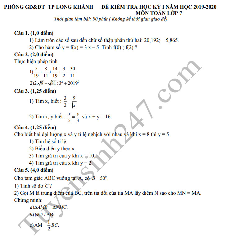 Đề thi kì 1 môn Toán lớp 7 Phòng GD Long Khánh 2019 - 2020