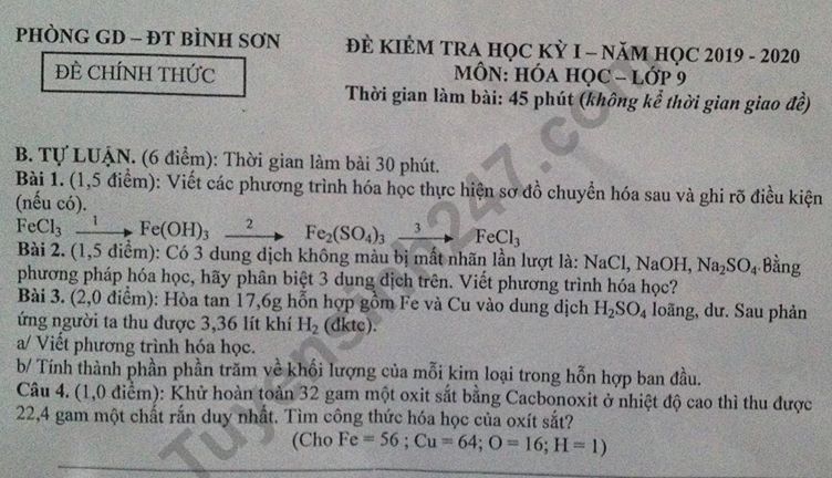 Đề thi kì 1 môn Hóa lớp 9 Phòng GD Bình Sơn 2019 - 2020