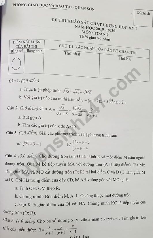 Đề thi kì 1 lớp 9 môn Toán Phòng GD Quan Sơn 2019 - 2020 