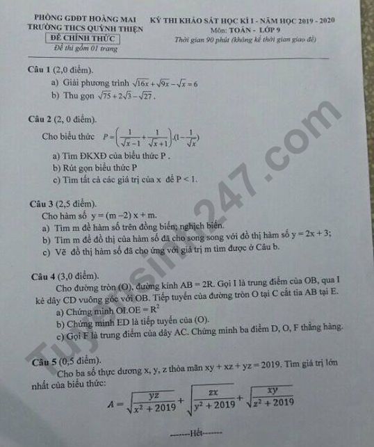 Đề thi kì 1 môn Toán lớp 9 năm 2019 THCS Quỳnh Thiện