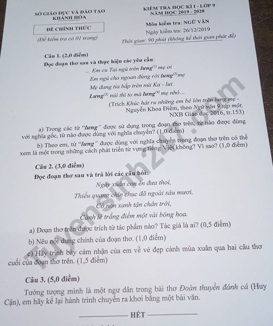 Đề thi kì 1 lớp 9 môn Văn 2019 - 2020 Sở GD Khánh Hòa