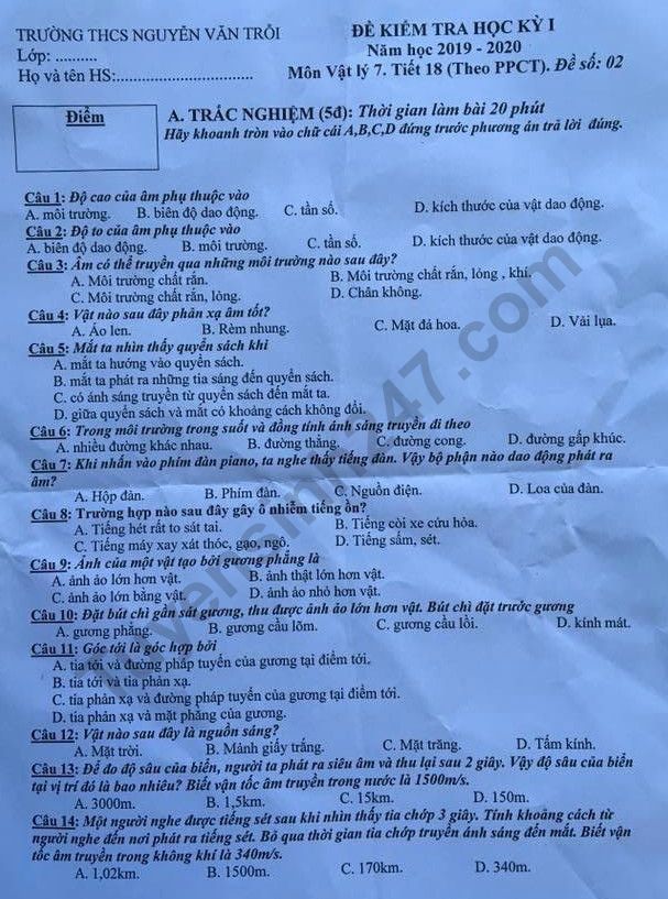 Đề thi kì 1 môn Lý lớp 7 - THCS Nguyễn Văn Trỗi năm 2019