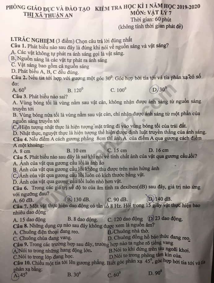Đề thi lớp 7 kì 1 môn Lý năm 2019 Phòng GD&ĐT Thuận An 