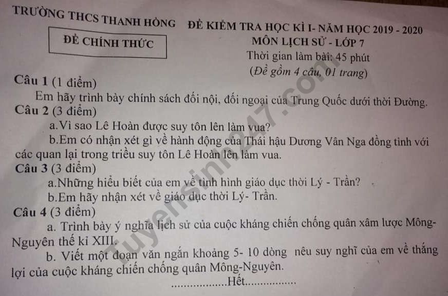 Đề thi học kì 1 môn Sử lớp 7 THCS Thanh Hồng năm 2019